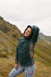 Climb on Fleece Hoodie in Enchantment green, side view with hood up