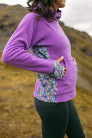 Climb On Fleece Hoodie in Alpenglow purple, print detail